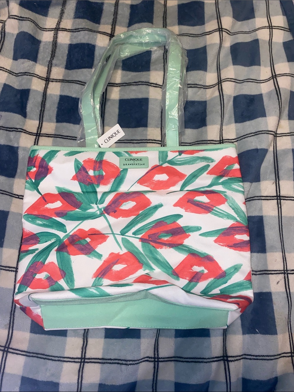 Clinique Mint and Coral Floral Canvas Tote